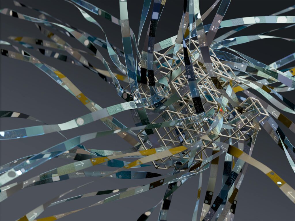 Intricate wireframe with dynamic ribbons in an abstract 3D composition.